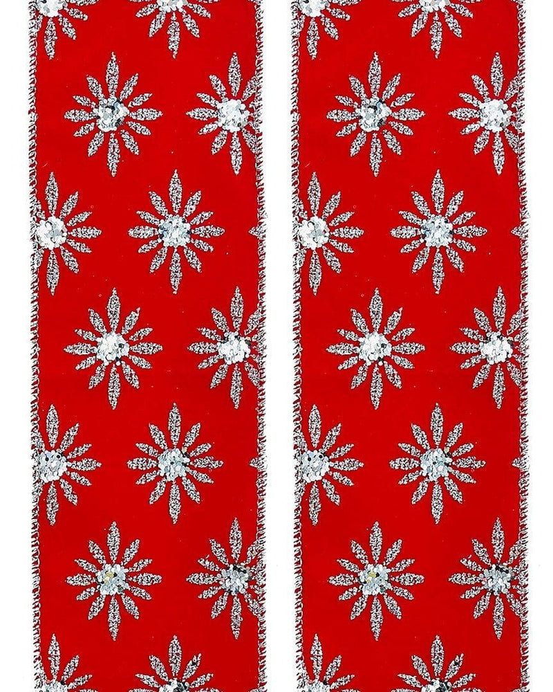 10Yd Woven Red W/Silver Stars Ribbon - Shelburne Country Store
