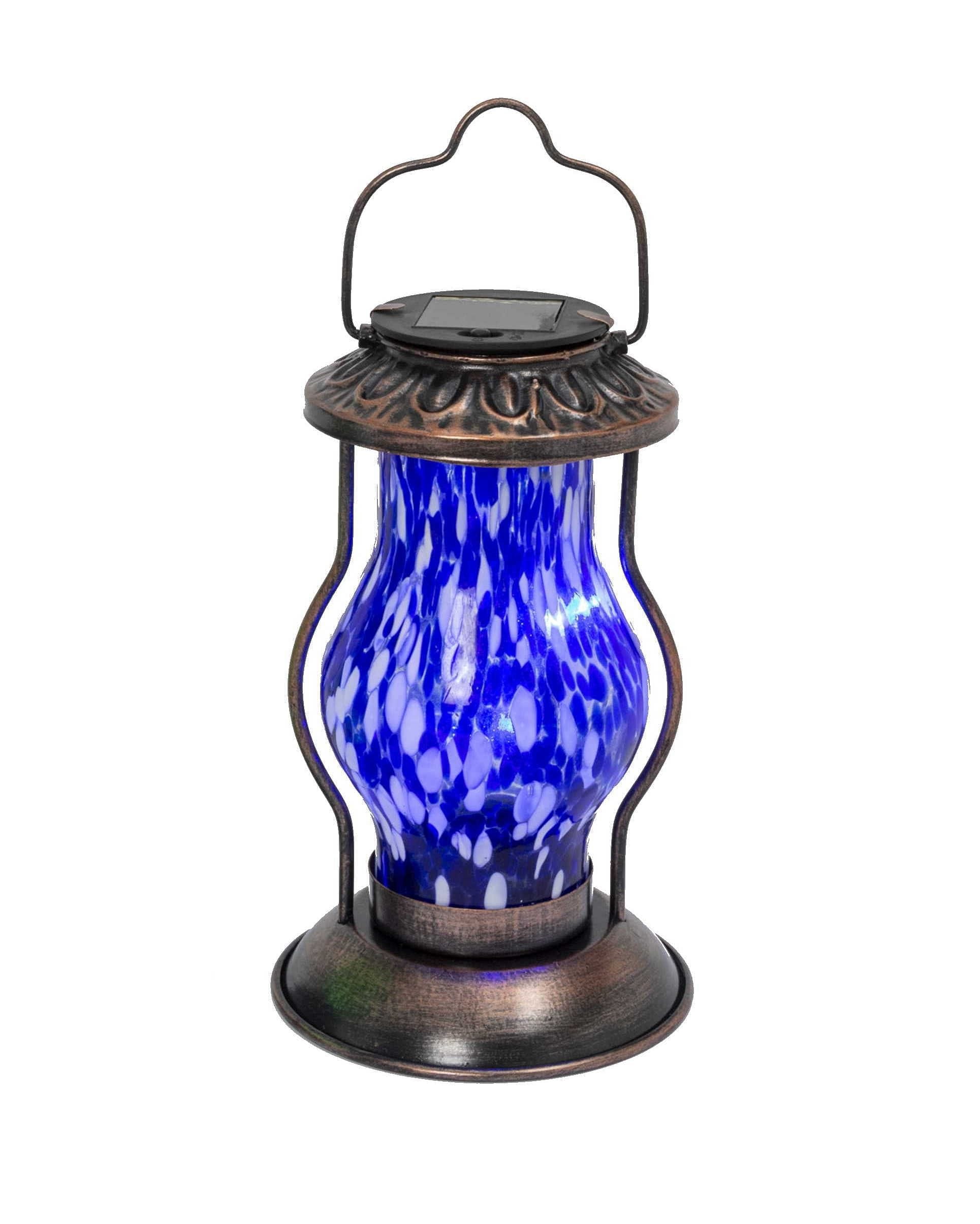 Solar Lighted Metal & Glass Lantern - Blue - Shelburne Country Store