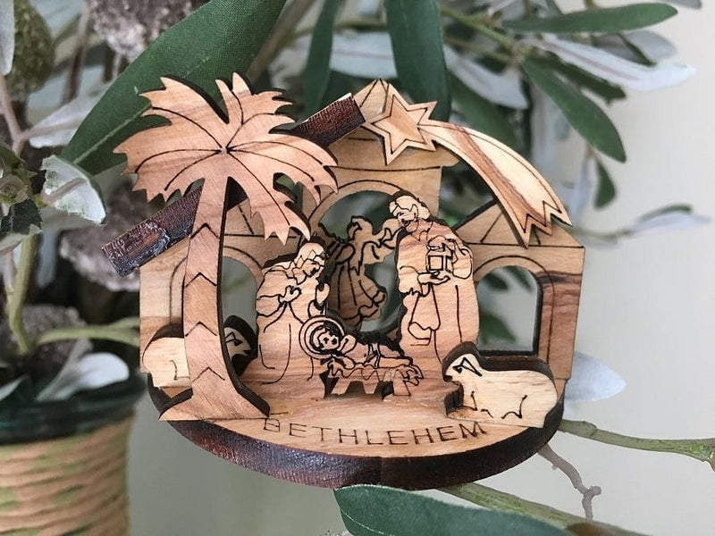 Solid Olive Wood Laser Etched Nativity Ornament - Shelburne Country Store