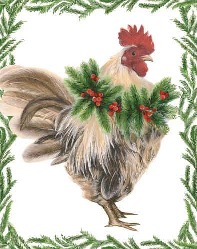 Wreathed Rooster - Christmas Card Box A Size Box of 16 - Shelburne Country Store