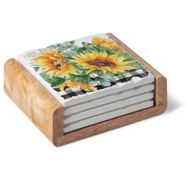 Sunflower Fields – 4 Pk Coasters and Holder - Shelburne Country Store