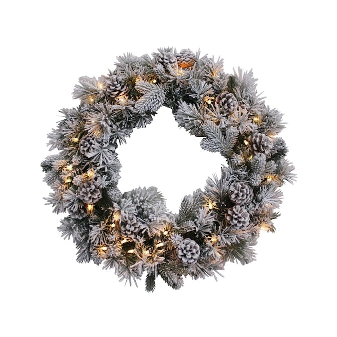 26-in Flocked Pre-lit Green Mixed Needle Artificial Christmas Wreath - Shelburne Country Store