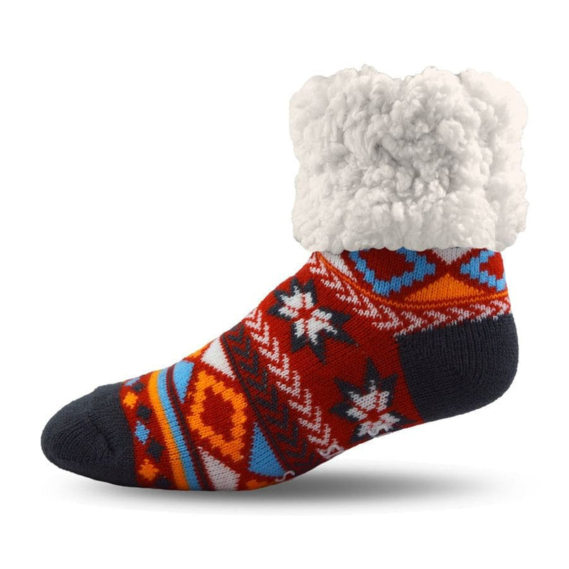 Extra Fuzzy Slipper Socks - Geometric - Red - Shelburne Country Store