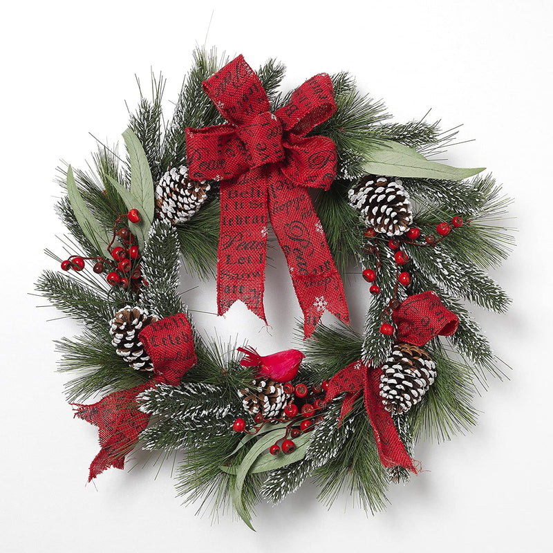 24-Inch Holiday Mixed Flocked Pine Wreath with Berry Clusters and Burlap Ribbon - Shelburne Country Store