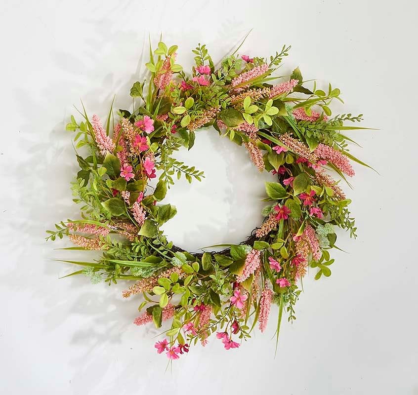 22 Inch Pink Heather and Green Leaves Wreath - Shelburne Country Store