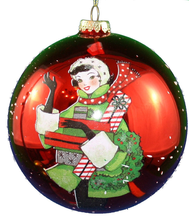 5 Inch Lady With Present Ball Ornament - Red - Shelburne Country Store