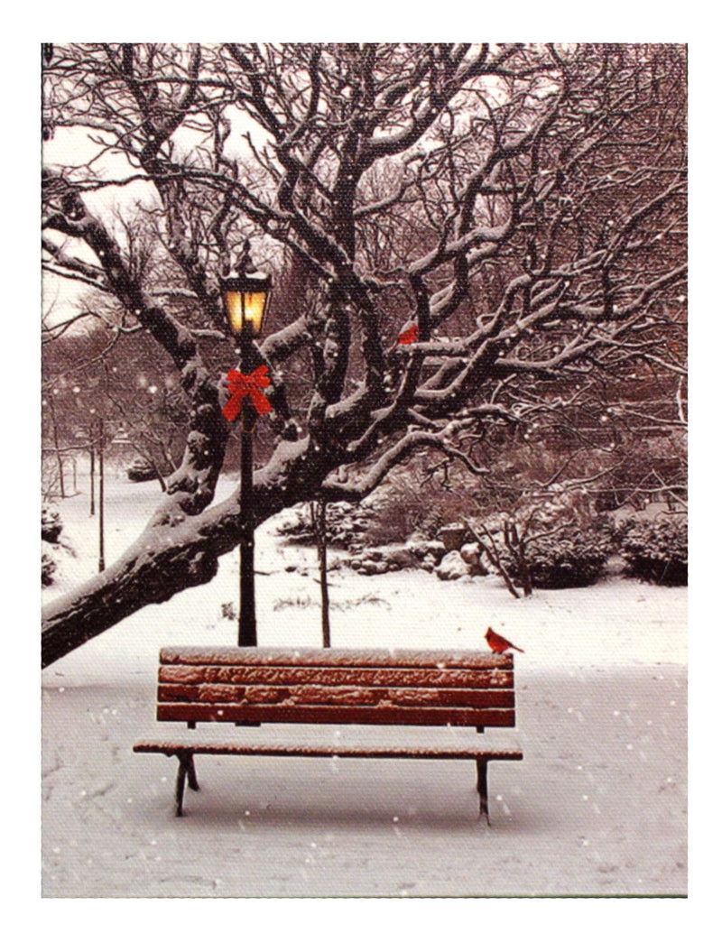 7.8" Lighted Canvas Print - Winter Park With Lamp Post And Snow Covered Tree - Shelburne Country Store