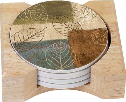 Leaf Collage Design Round Absorbent Coasters in Wooden Holder, Set of 4 - Shelburne Country Store