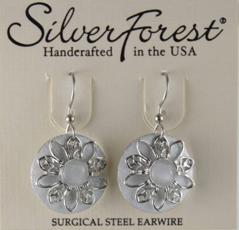 Silver Flower on Round with Opalescent Stone Earrings - Shelburne Country Store