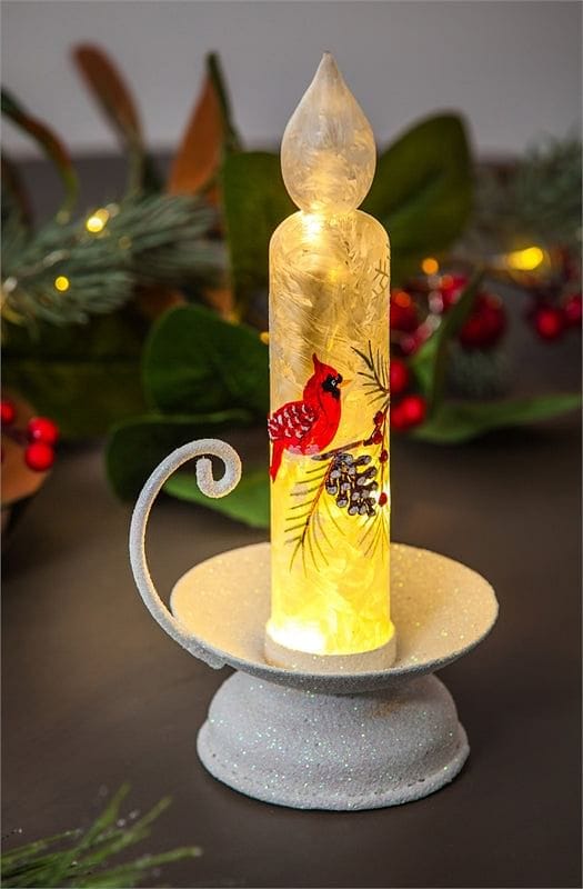 Glass Handpainted LED Cardinal and Pinecones Candle Stick - Shelburne Country Store