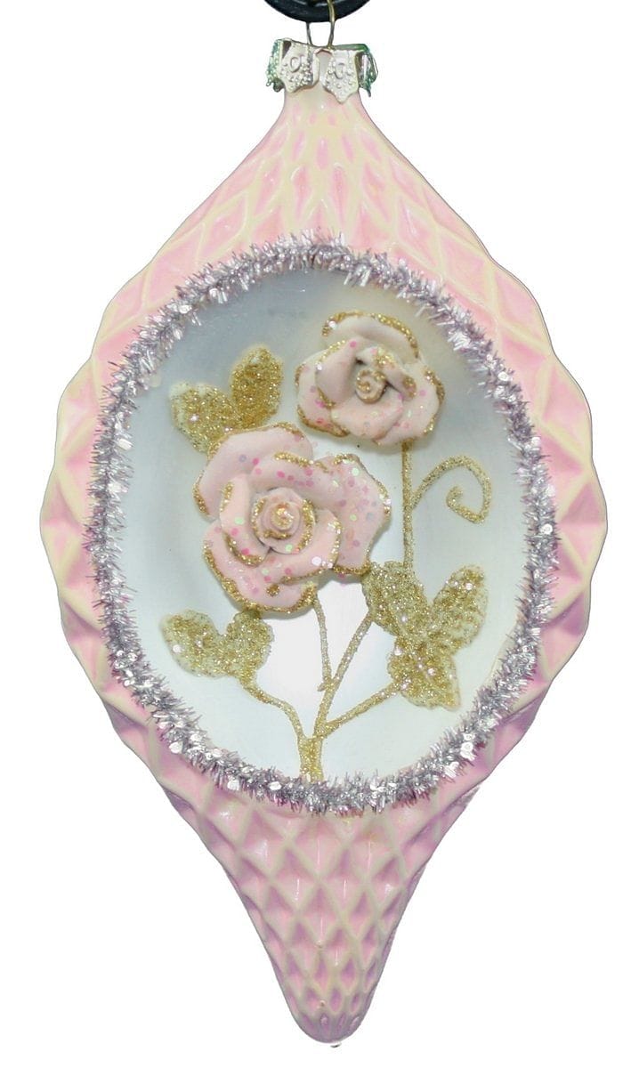 Kurt Adler Glass Ornament With A Glass Floral Inset In Pink (Teardrop Shape) - Shelburne Country Store
