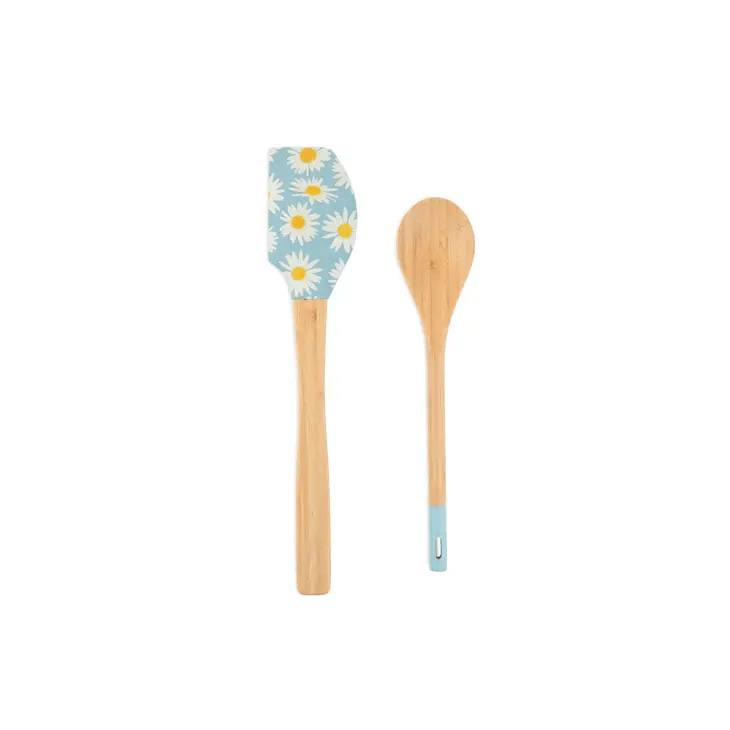 2pc Pointed Spatula and Wooden Spoon Set - Daisies - Shelburne Country Store