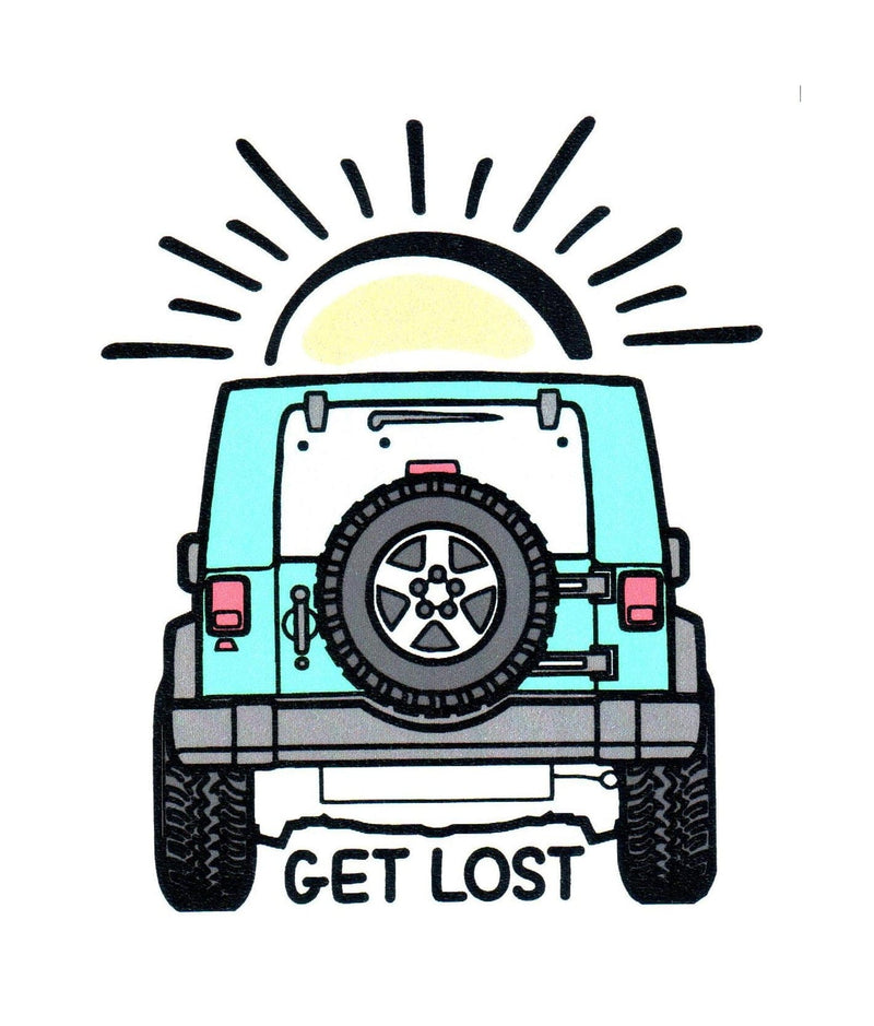 Get Lost Teal Jeep Driving Towards Sun Sticker - Shelburne Country Store