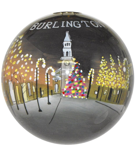 Hand Painted Glass Globe Ornament - Burlington Church Street at Night - Shelburne Country Store