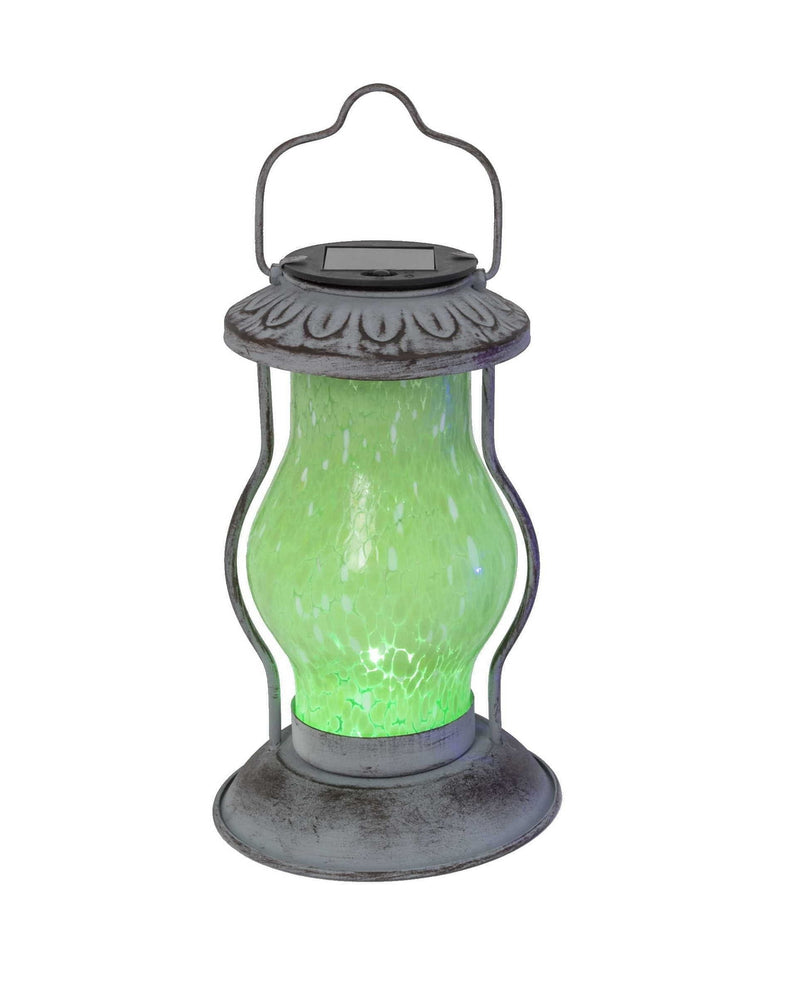 Solar Lighted Metal & Glass Lantern - Green - Shelburne Country Store