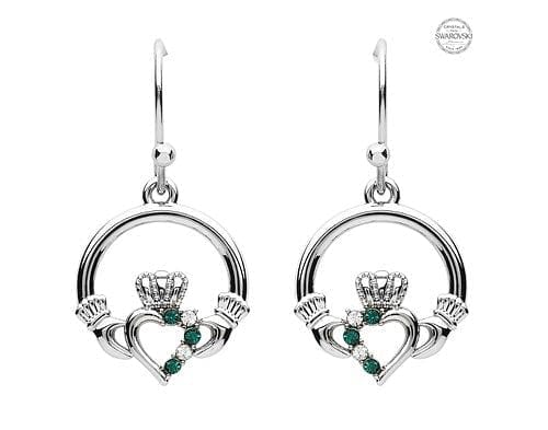 Platinum Plate Green and White Claddagh Earrings Swarovski - Shelburne Country Store