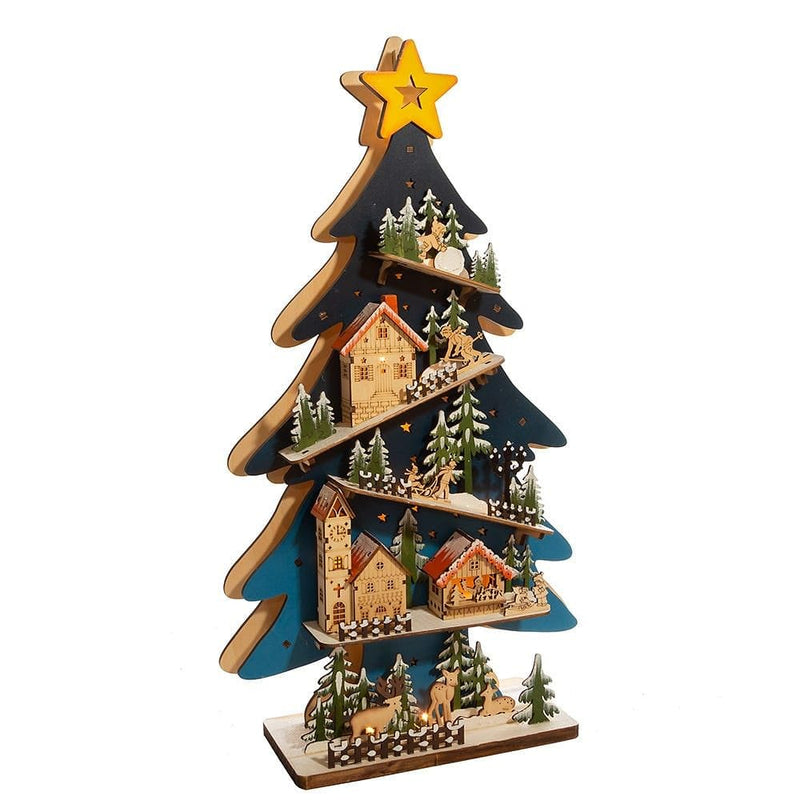 Battery-Operated Light-Up LED Wooden Christmas Tree With Village Scene - Shelburne Country Store