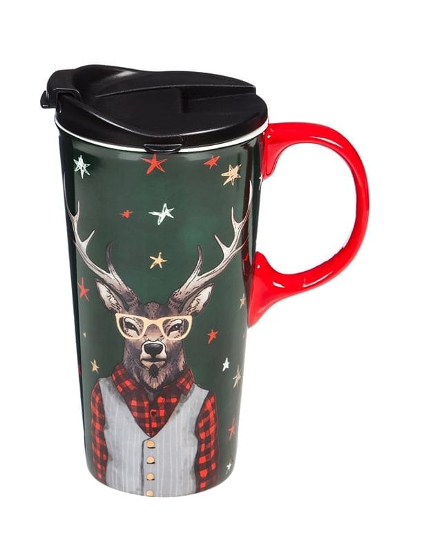 Ceramic Travel Cup with Metallic Accents, 17 oz. with Gift Box - Holiday Deer - Shelburne Country Store
