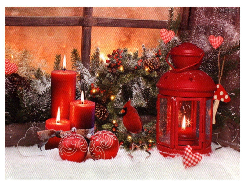 7.8" Lighted Canvas Print - Cardinal With Red Candles And Red Ornaments - Shelburne Country Store