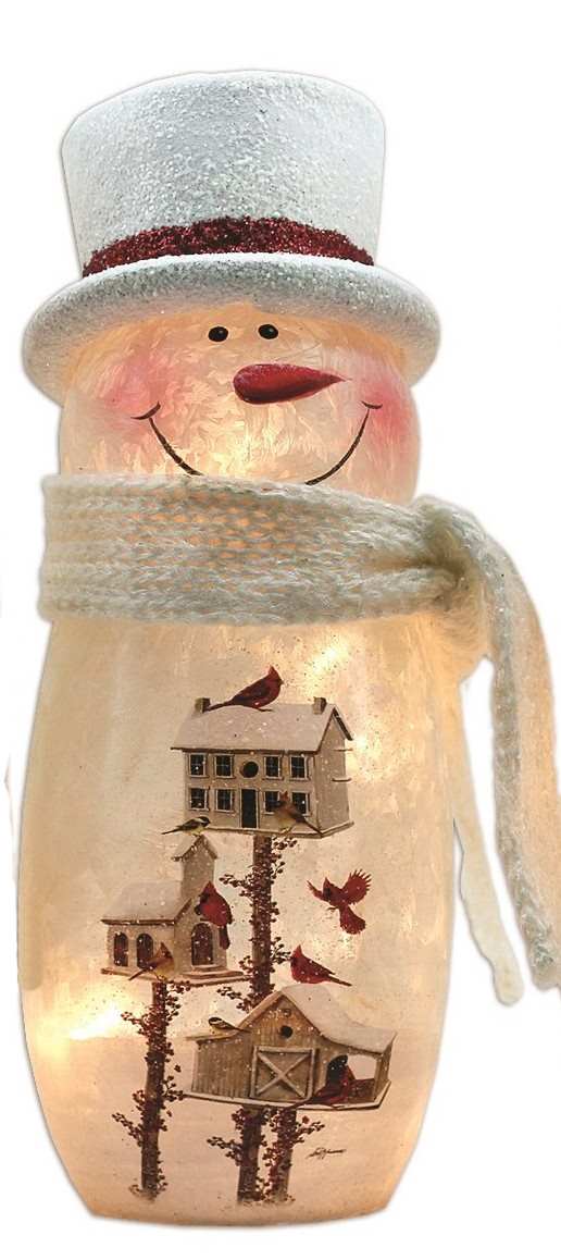 Lighted Glass Birdhouse Snowman with Tophat and Scarf - - Shelburne Country Store