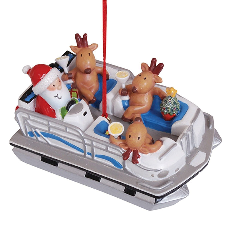 Handpainted Resin Pontoon Boat with Santa Ornament - Shelburne Country Store