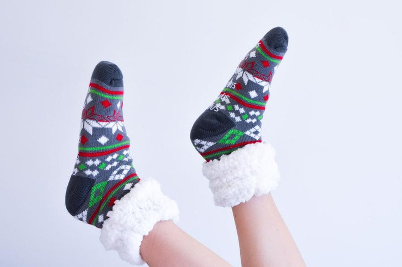 Extra Fuzzy Slipper Socks - Christmas - Grey - Shelburne Country Store