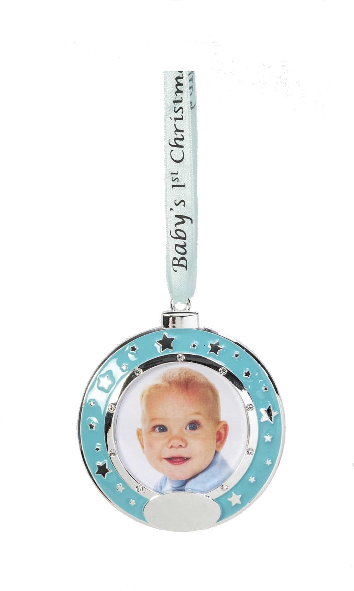 Silver Plated Baby Ornament - Round Blue Picture Frame - Shelburne Country Store