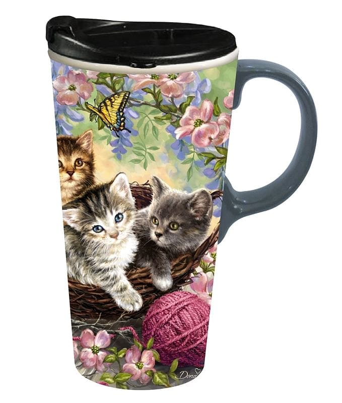 Ceramic Travel Cup w/Box, 17 oz - Kittens and Flowers - Shelburne Country Store