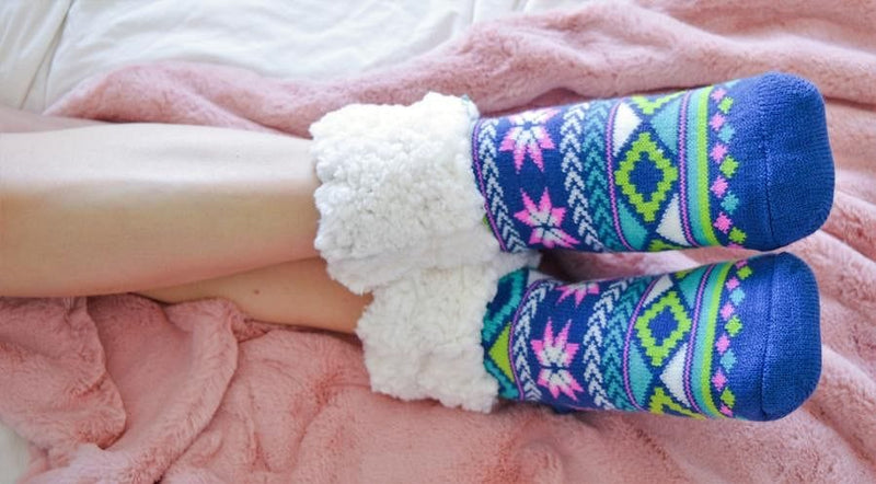 Extra Fuzzy Slipper Socks - Geometric - Blue - Shelburne Country Store