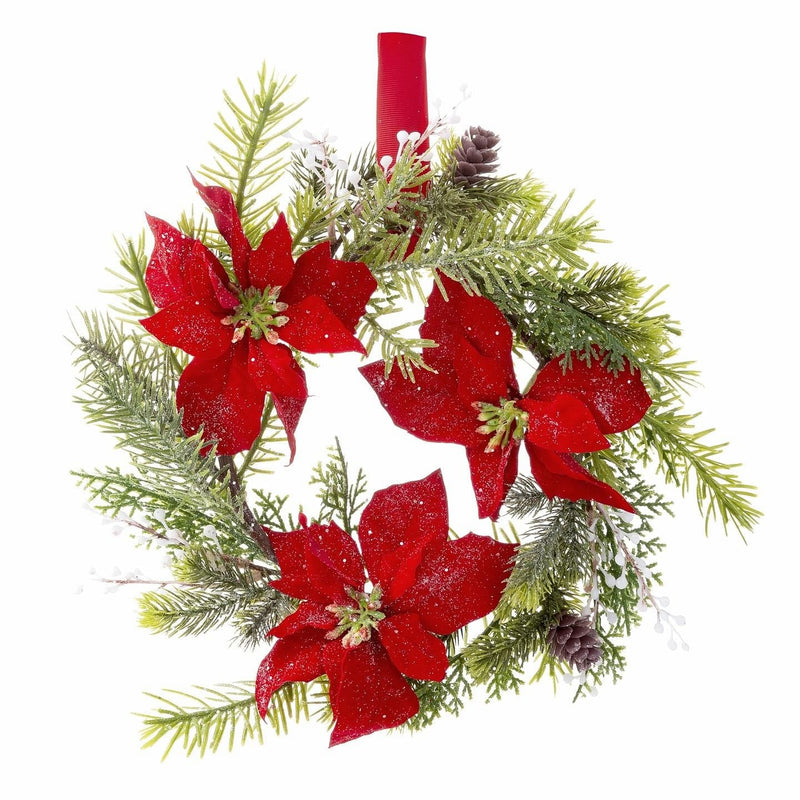 Poinsettia Wreath: Cedar/Spruce, 14 inches - Shelburne Country Store