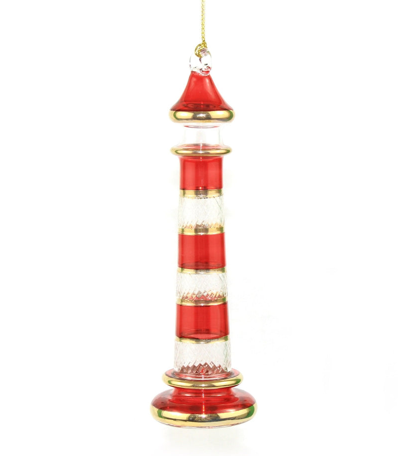Etched Glass Lighthouse with Gold Rings Ornament - Red - Shelburne Country Store
