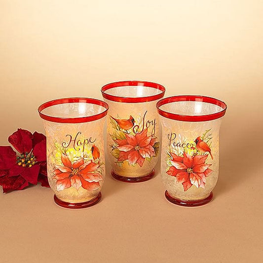 8 Inch Frosted Glass Poinsettia & Cardinal Candle Holder - - Shelburne Country Store