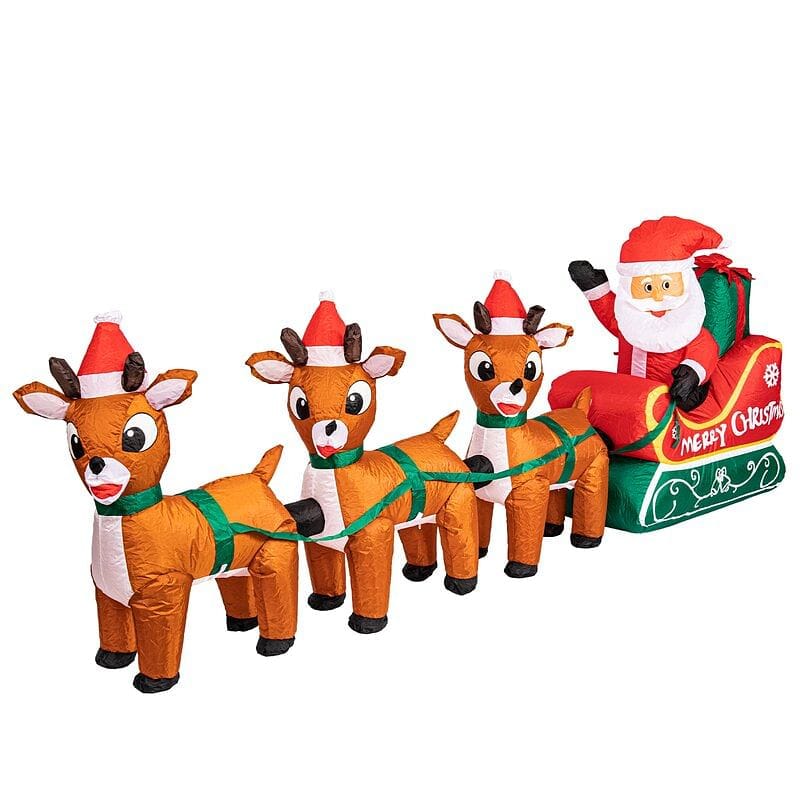 8Ft Long Lighted Christmas Santa Claus On Sleigh With 3 Reindeer - Shelburne Country Store