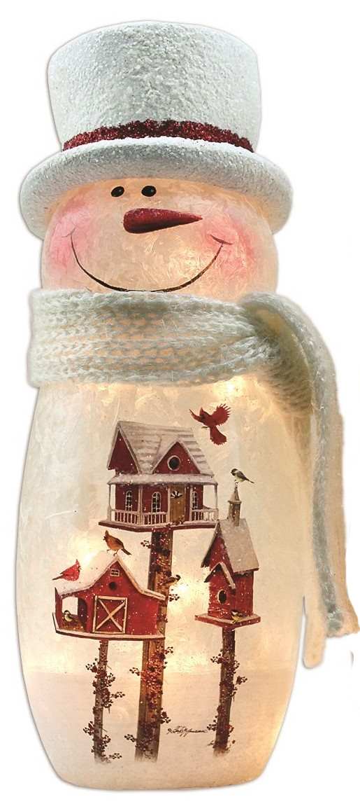 Lighted Glass Birdhouse Snowman with Tophat and Scarf - - Shelburne Country Store