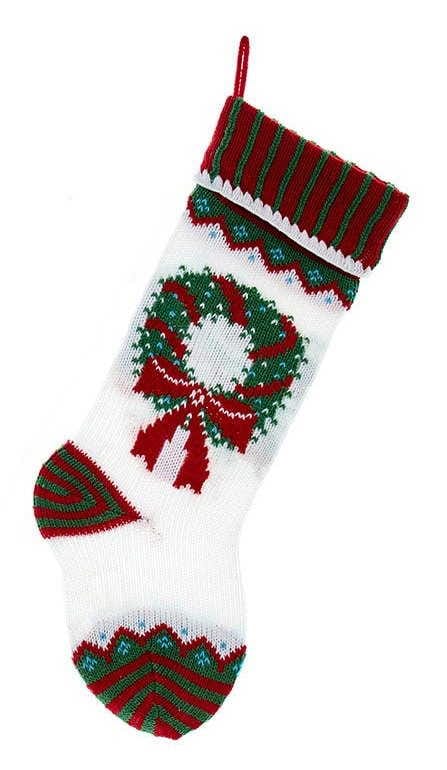 Red, White and Green Knit Stocking - Wreath - Shelburne Country Store