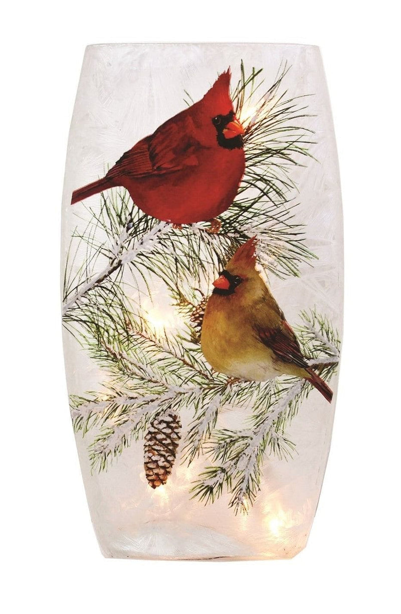 7 Inch Lighted Glass Vase - Christmas Cardinals - Shelburne Country Store