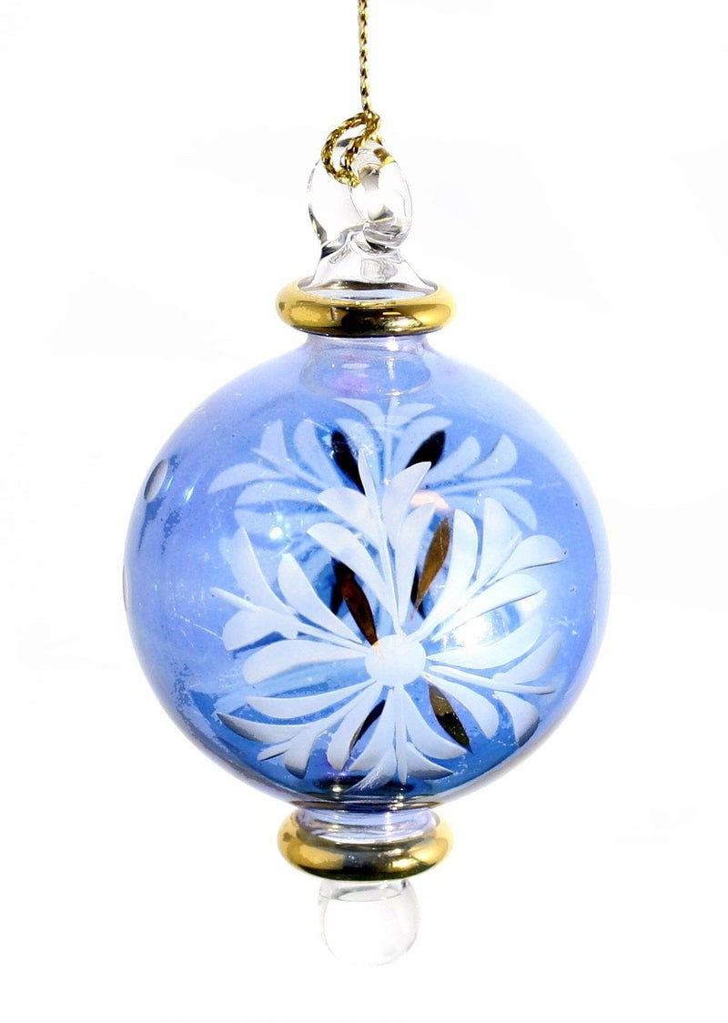 3.5 Inch Blown Glass Ornament -  Blue Etched - Shelburne Country Store